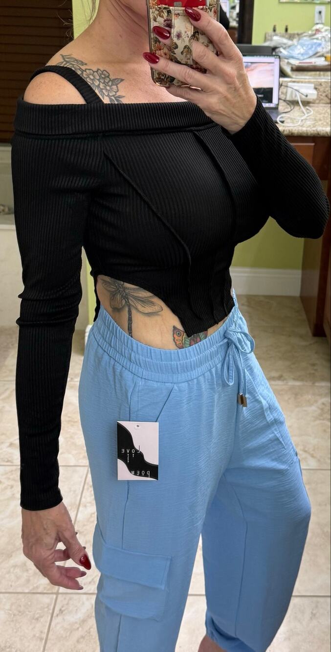 Bear Dance Black Ribbed Off Shoulder Corset Crop Top Small NWT